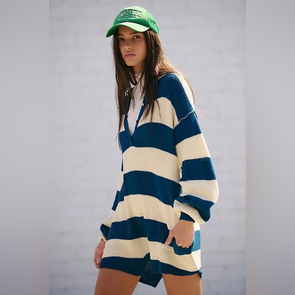 Free People Striped Picnic Sweater Romper in Sailor Blue Combo Medium